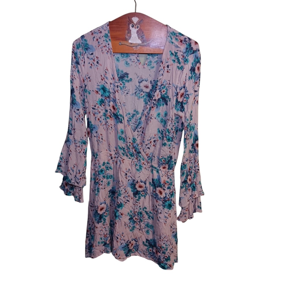 Honey Belle Womens Top Size Med pink floral bell‎ sleeve long sleeve lightweight